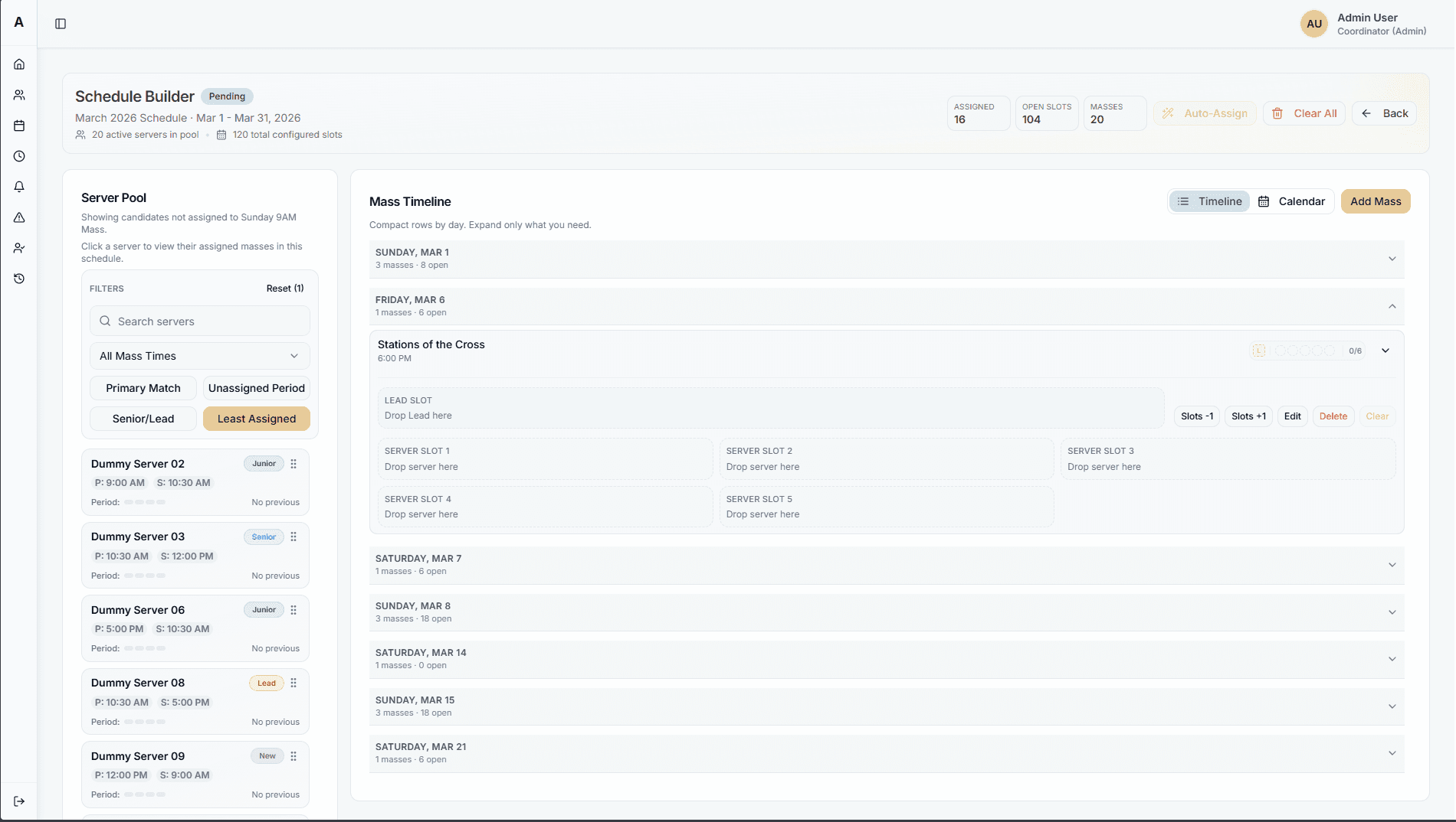 Schedule Builder - Build schedules with conflict detection and role-based permissions