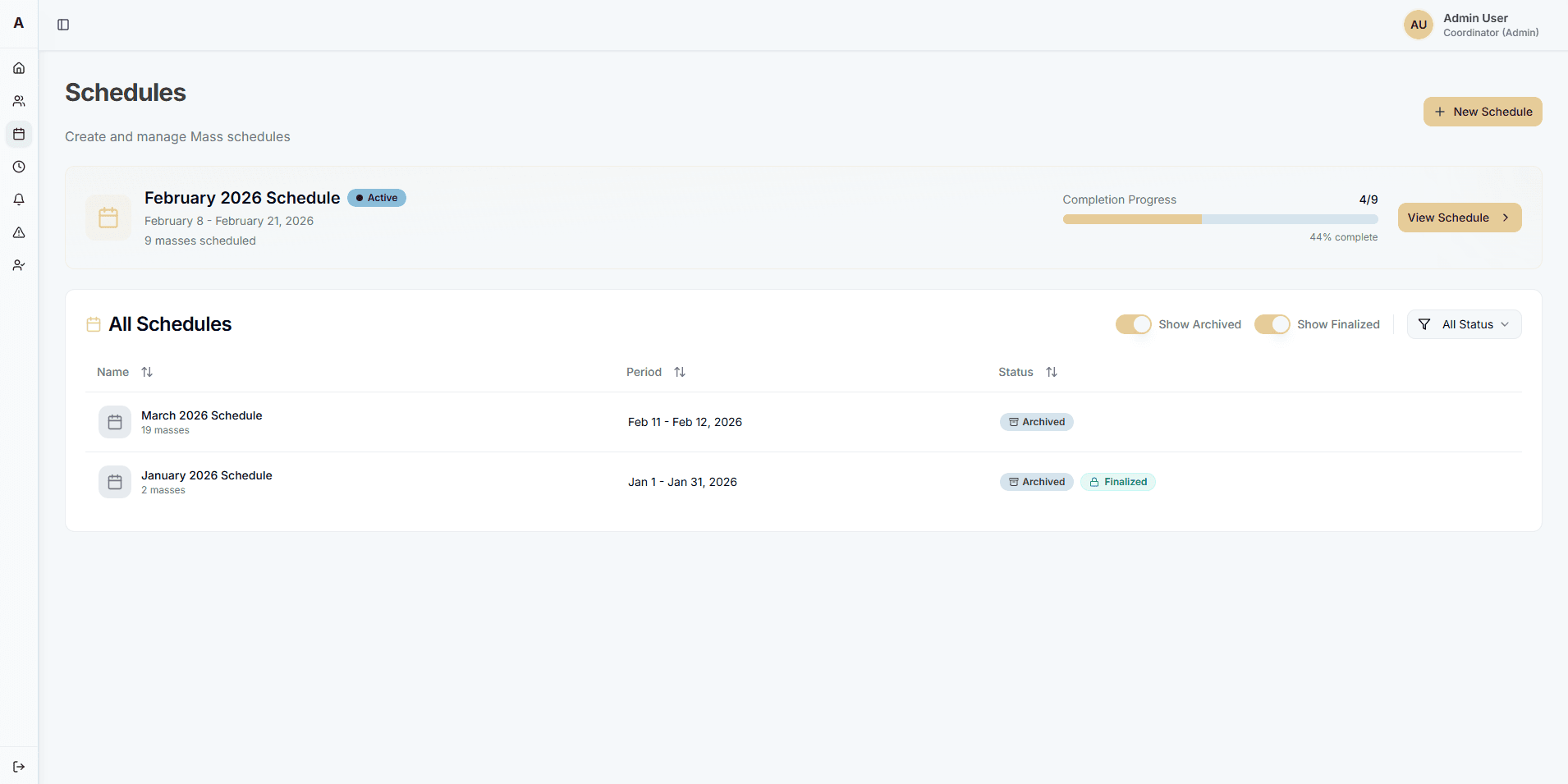 Schedules Dashboard - Main scheduling hub with active schedules and navigation