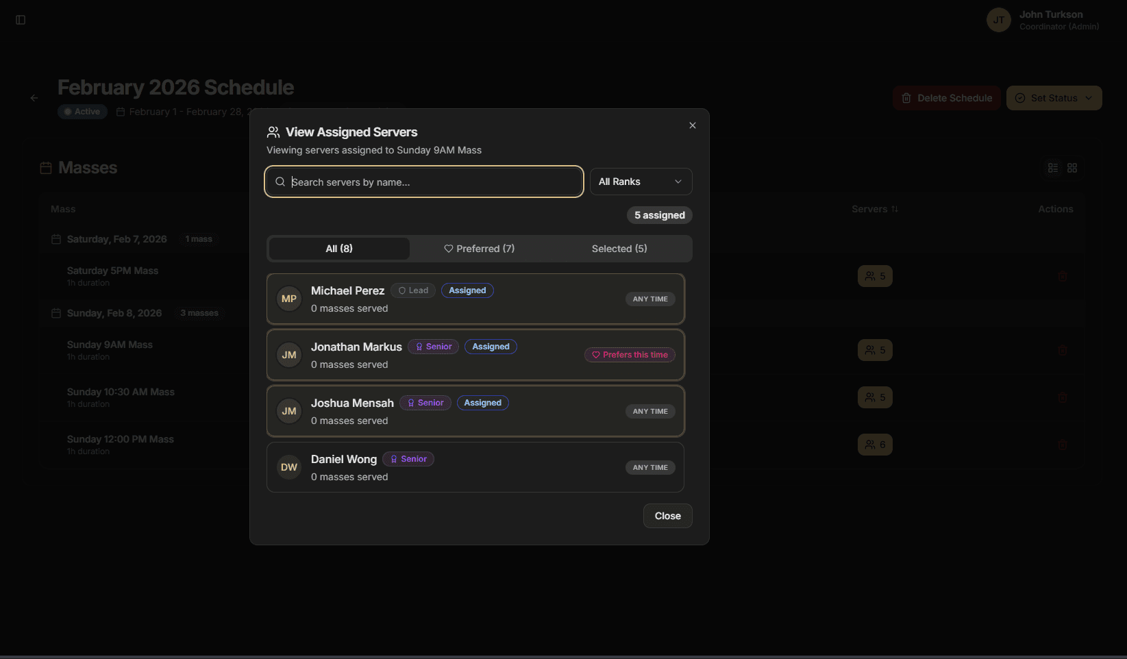 Server Assignments - Assign servers with rank badges and preference indicators